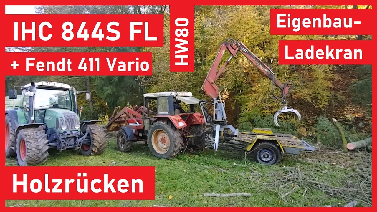 Holzrücken mit IHC 844S und Eingebau-Ladekran | Fendt 411 Vario | HW80