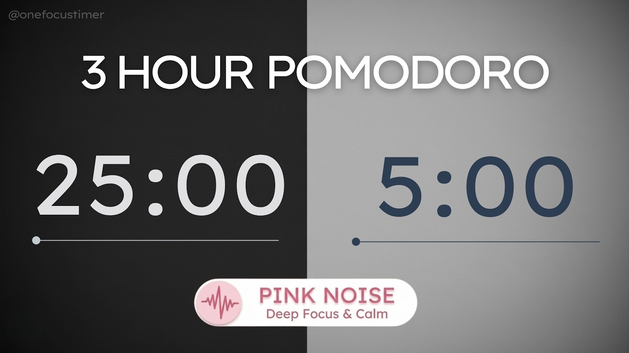 3 Hours Pomodoro Timer 25/5 – Pink Noise | ADHD Study Focus | Dark Gray Minimal