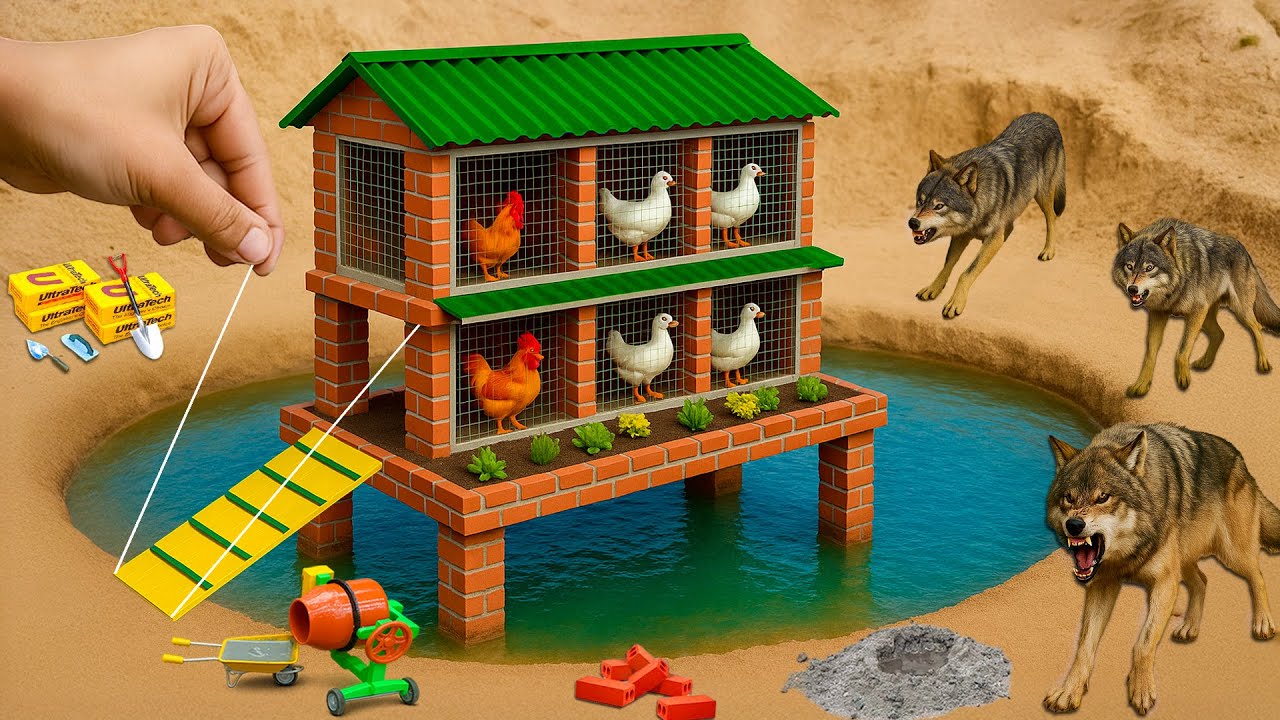 DIY Mini Tractor Builds a 2 Story Chicken Coop on an Island After Wolf Attack    |@MinMinTractor
