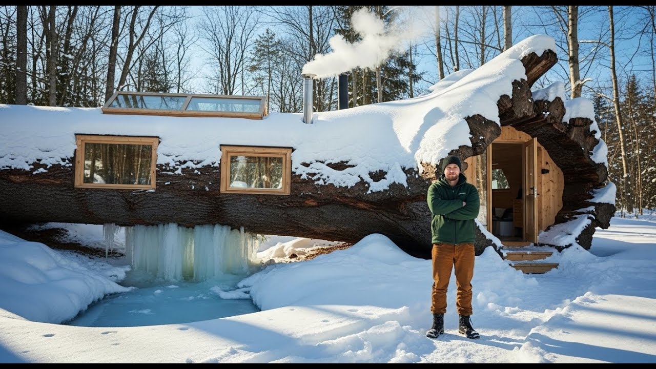 Secret Winter Shelter Inside Ancient Snow-Buried Tree Log Nobody Knew Existed (Complete Build)