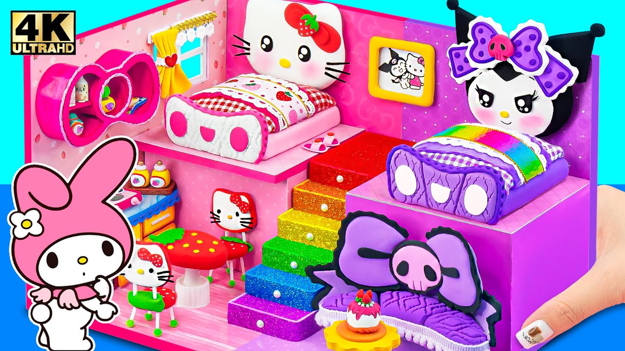Build Cute My Melody House with Hello Kitty Bedroom, Purple Room for Kuromi 🎀💜 DIY Miniature House
