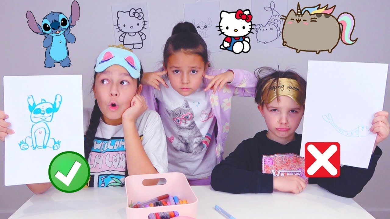 TELEPATIA RYSUNEK CHALLENGE z SIOSTRĄ i JANKIEM! Stich, Pusheen, Hello Kitty