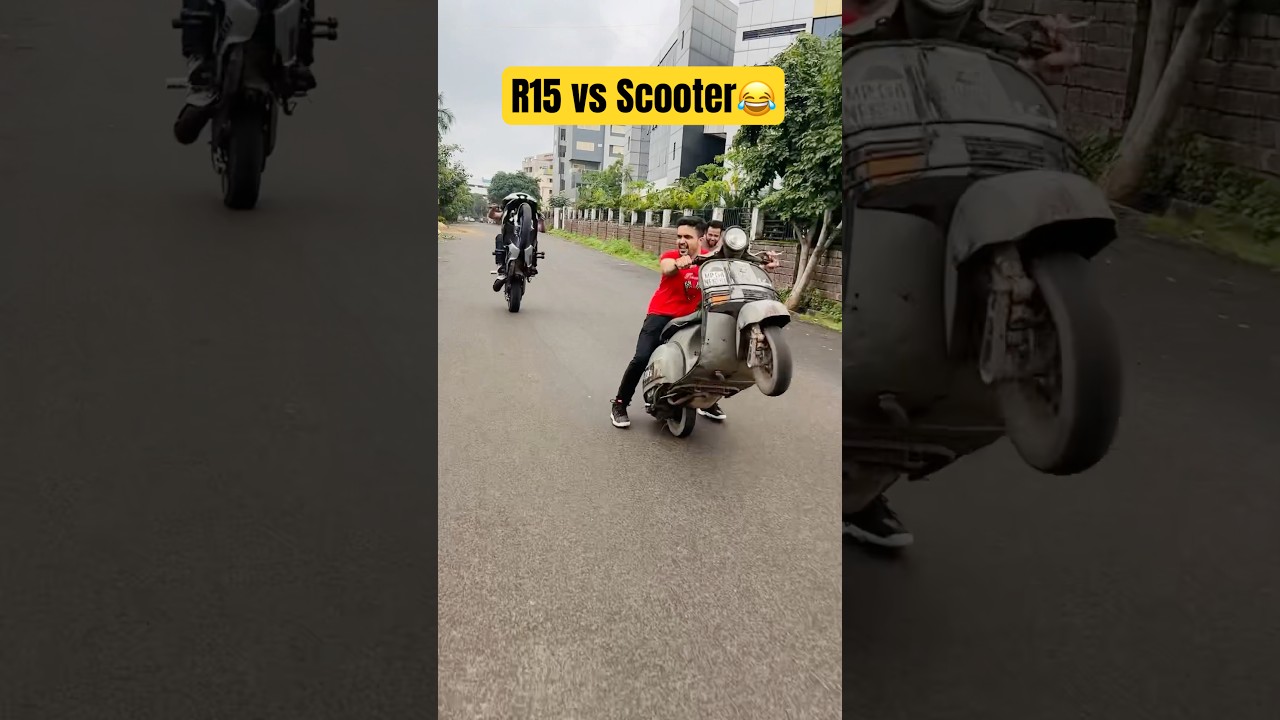 R15 vs SCOOTER wheelie race😂🤣 #farazstuntrider #superbikes #hayabusa