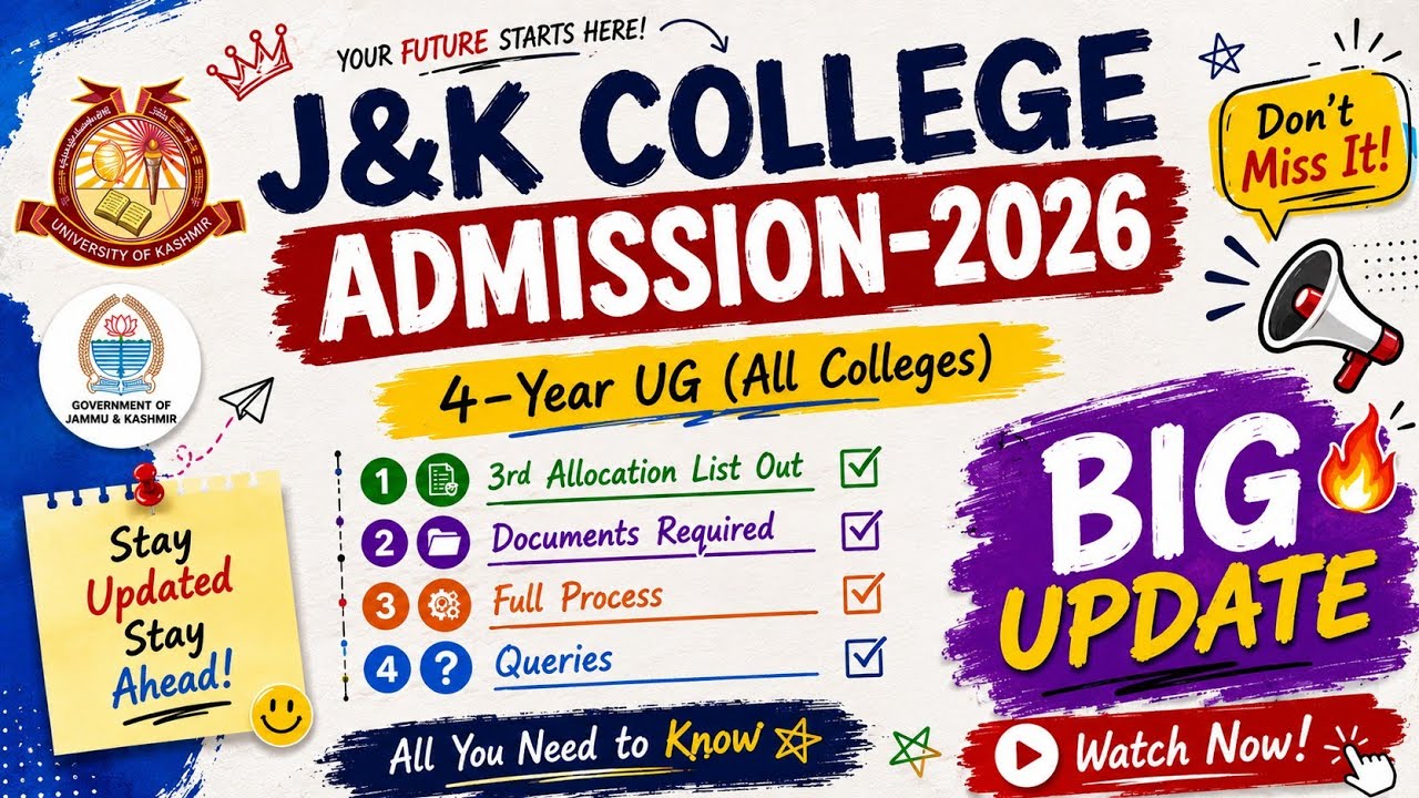 J&K College Admission 2026 |  Round-3 Allotment List | Fresh Registration Open | Spot Round | 