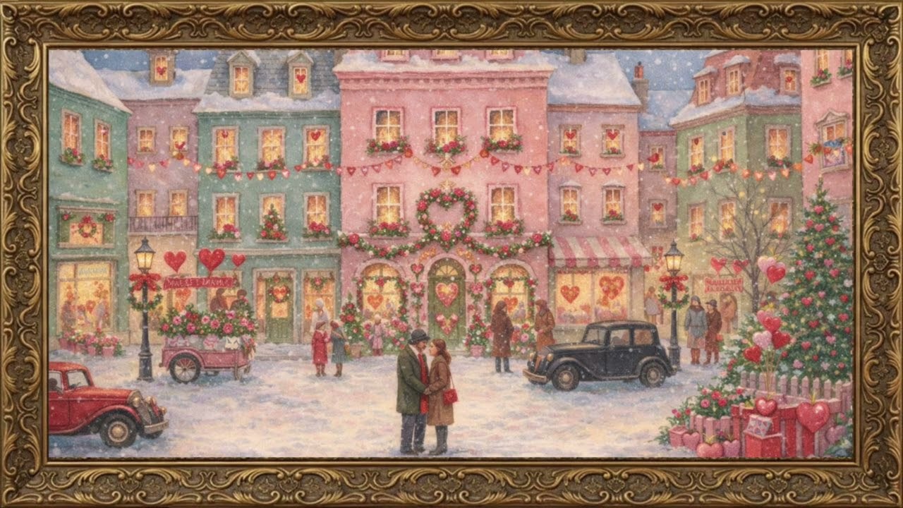 Valentine’s Village in Winter ❄️💕 | 2-Hour Cozy Romantic Screensaver | Snowy Cottagecore Love Scene