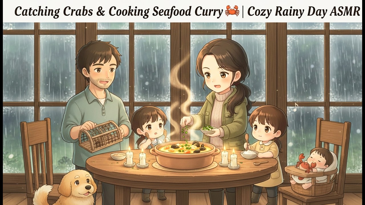 Rainy Day by the Sea 🌧️  Catching Crabs & Cooking Seafood Curry  Cozy Ghibli Style ASMR #ghiblistyle