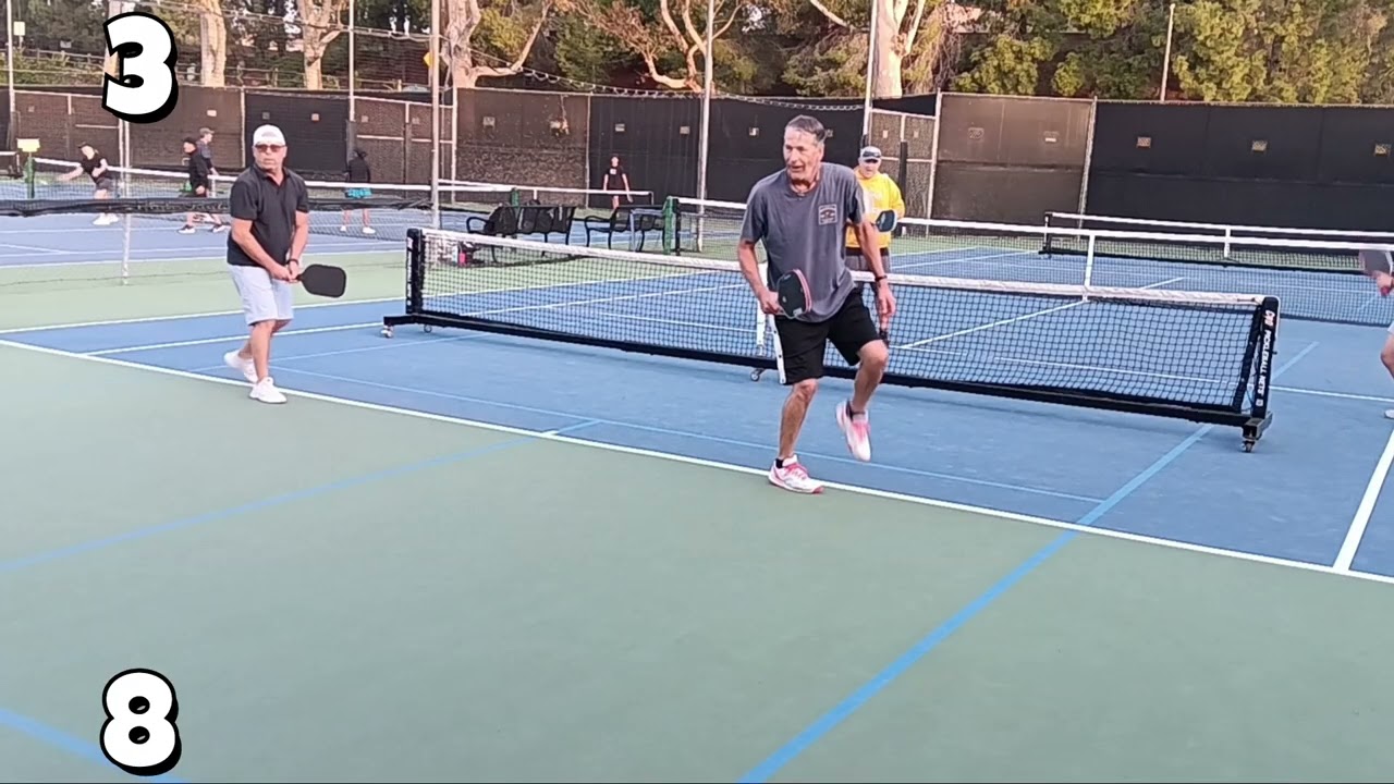 Pickleball Men's Doubles with a Junior Up-and-Comer, Gm 1. Johnny & Tim vs KC & Steven