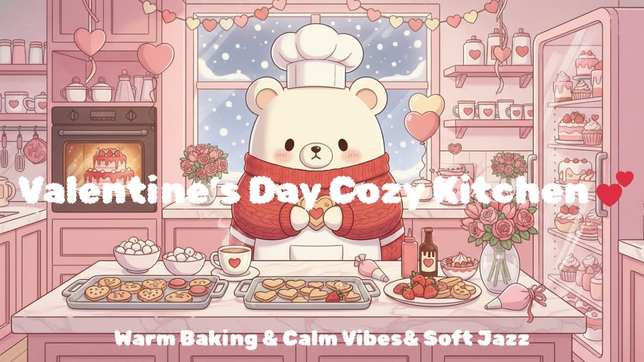 Valentine’s Day Cozy Kitchen 💕 Soft Snow, Warm Baking & soft jazz