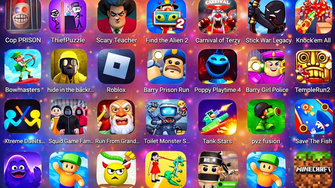 Roblox, Stumble Guys, Poppy Playtime 4, Scary Teacher 3D, Thief Puzzle, Find The Alien, Lucky Balls.