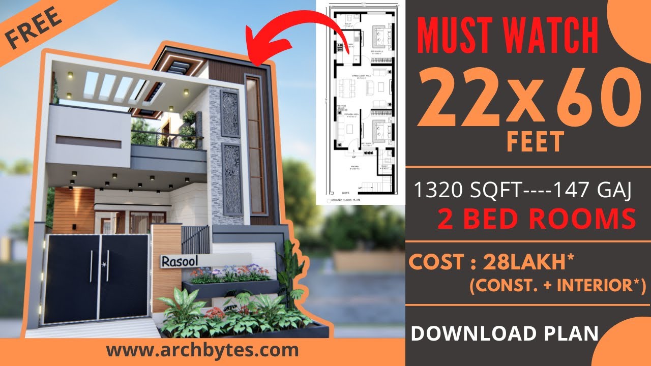 22x60 Feet House Design| 2 Bedrooms| 1320 Sqft| 147Gaj| 7x18 metrs| 22x60 house Plan 3d  |Archbytes