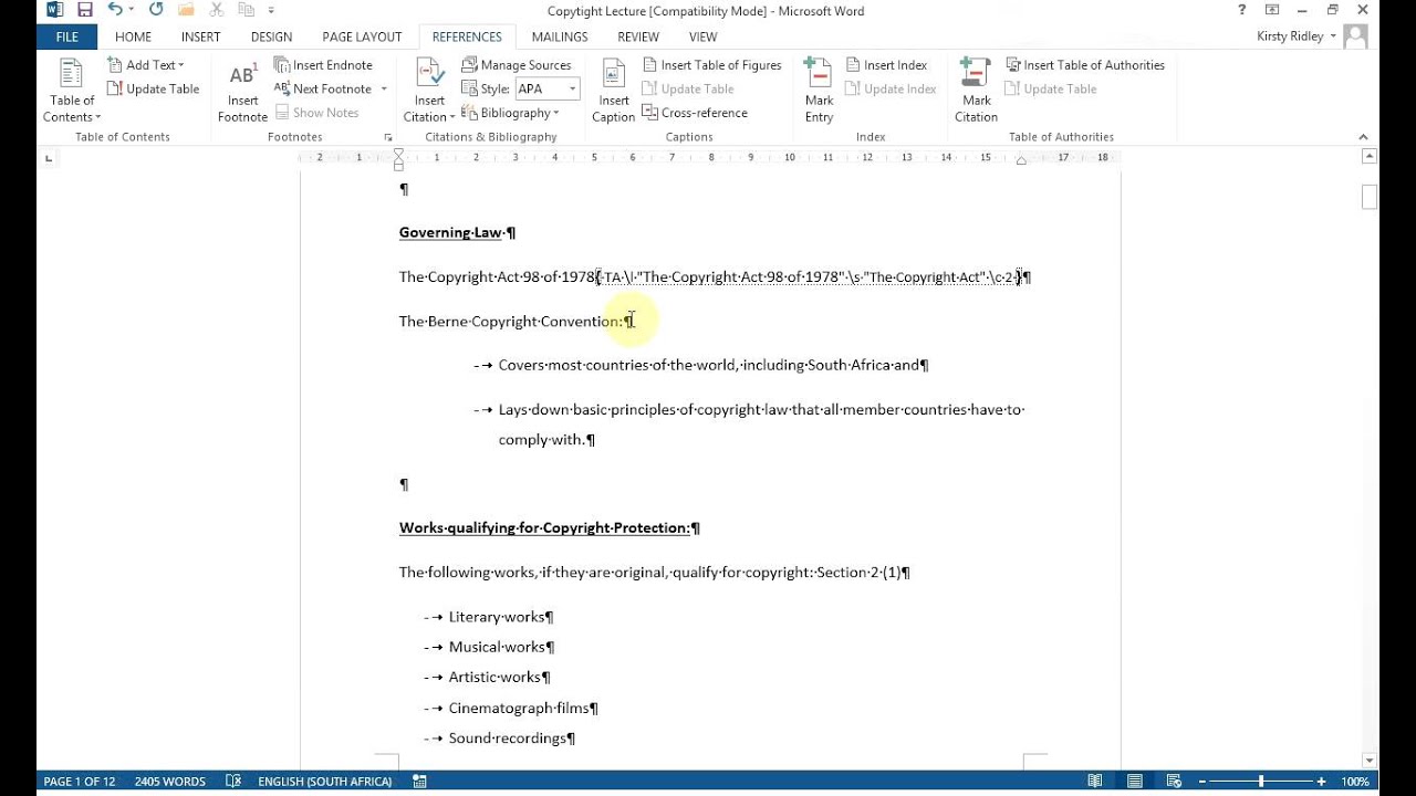 Inserting a Table of Authorities