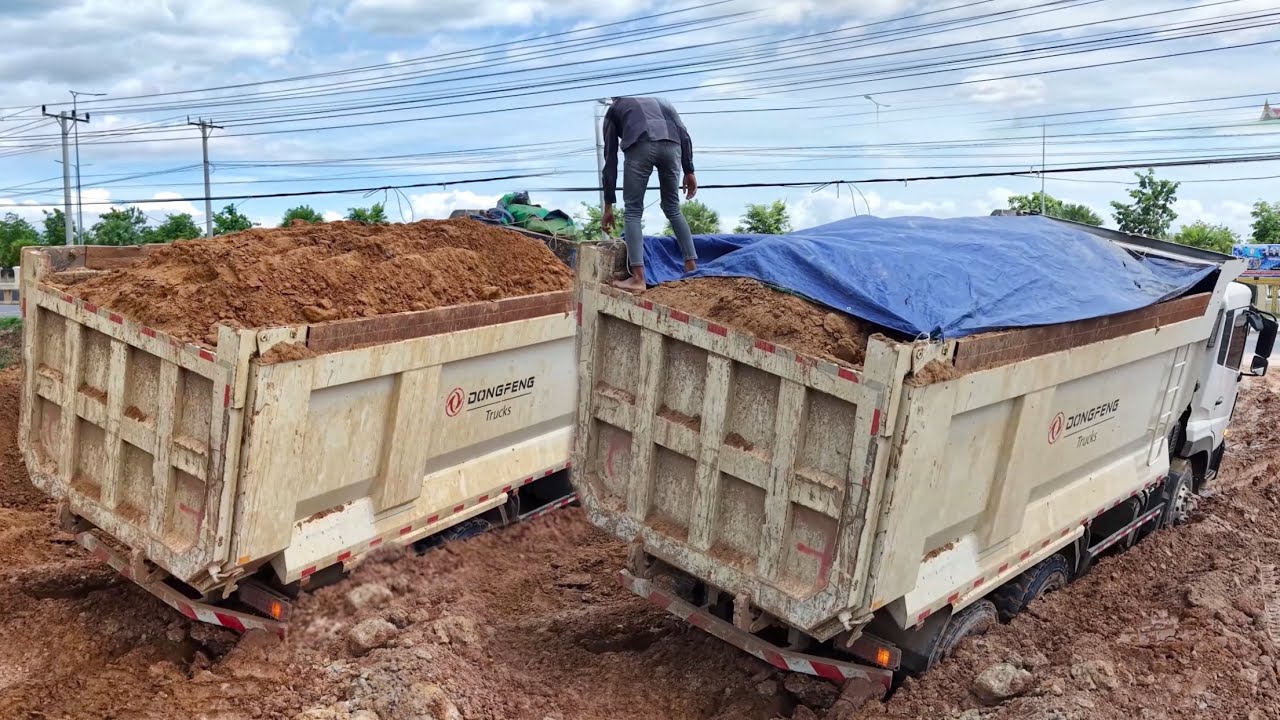 Mix Saving Heavy Dump Trucks Sink in Dirt While Unloading MASSIVE Soil!