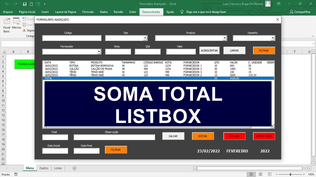 Formulário AVANÇADO no Excel - Linha de Soma Total em Listbox VBA - Aula 13