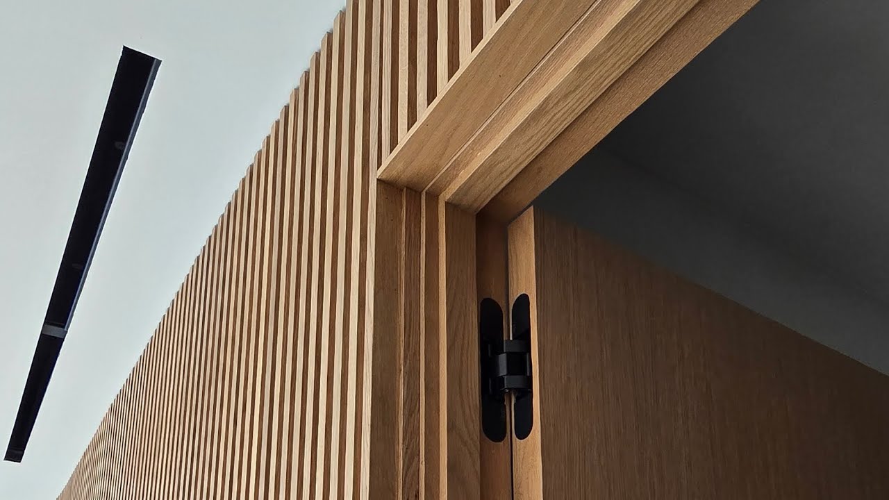 Slat Wall Panel #wallpanel#luxecabinets#whiteoakpanel#woodworking#cabinetmaker.