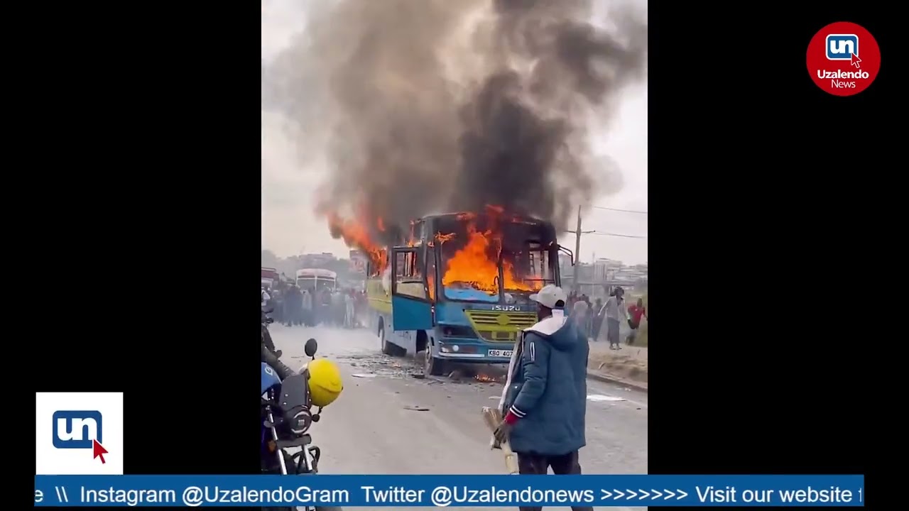 Boda boda riders set ablaze a City Hoppa bus after it allegedly hit one of their own