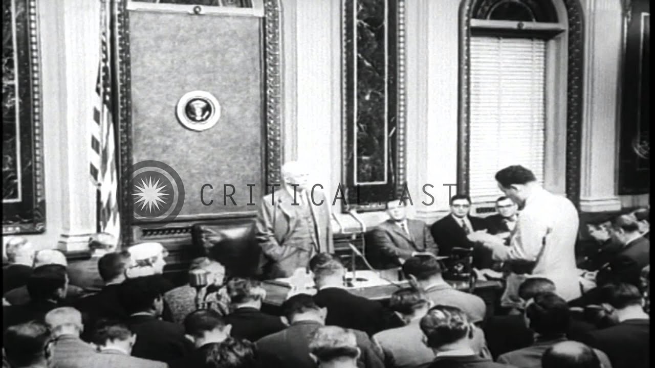 Eisenhower addresses a press conference in the Indian Treaty Room and addresses p...HD Stock Footage