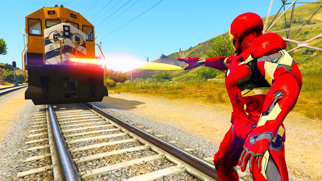 Сможет ли Железный Человек остановить поезд в GTA 5?! #ЖелезныйЧеловек #ЧеловекПаук #Халк #GTA5Te...