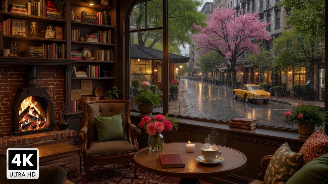 Cozy Café Setting on A rainy March Day ~ Smooth Jazz Piano & Warm Cafe Ambience for Deep Focus