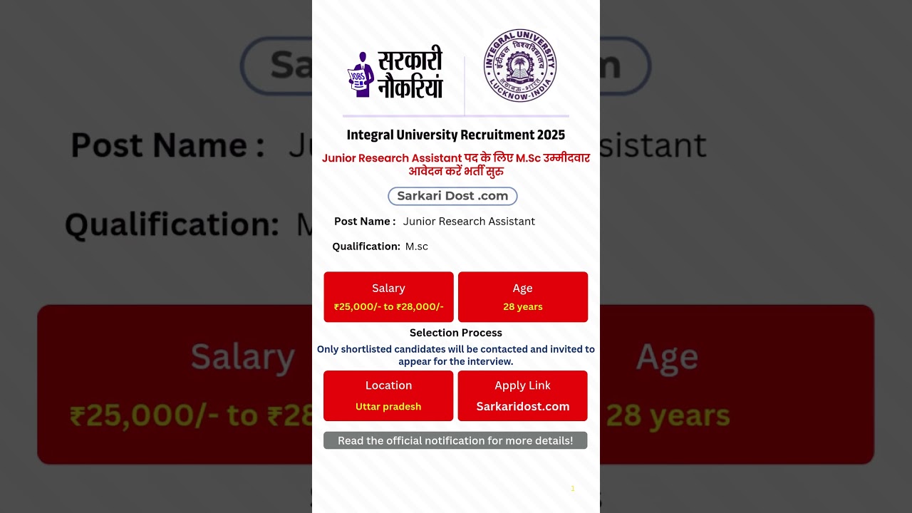 Integral University Junior Research Assistant Recruitment 2025 &ndash; Apply Online | M.Sc Eligible