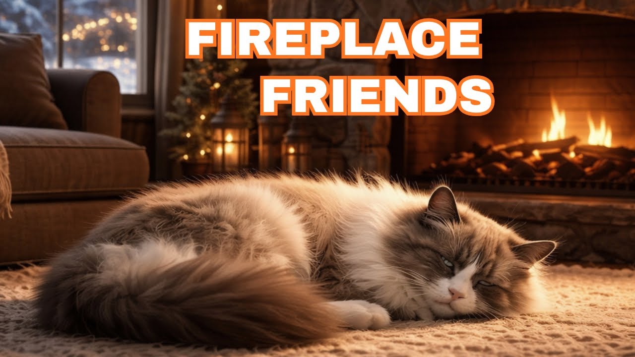 Sleeping Cat by Cozy Fireplace 🐱 Relaxing Winter Ambience for Sleep & Relaxation