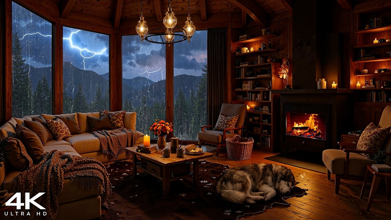 [4K] Stormy Night in Cozy Cabin ✨ Soft Jazz Instrumental with Thunderstorm Sounds for Stress Relief