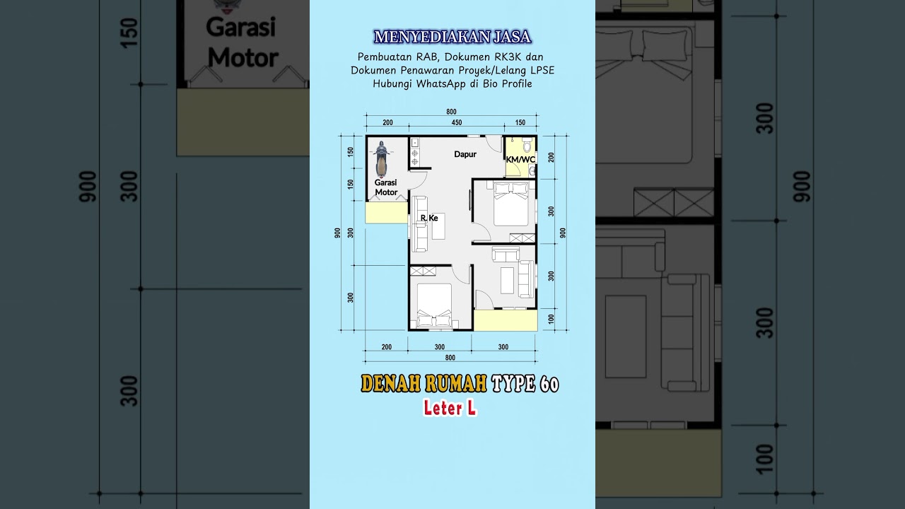 DENAH RUMAH TYPE 60 LETER L. #denahrumah #denahrumahsederhana #rumahunikminimalis #rumahsederhana