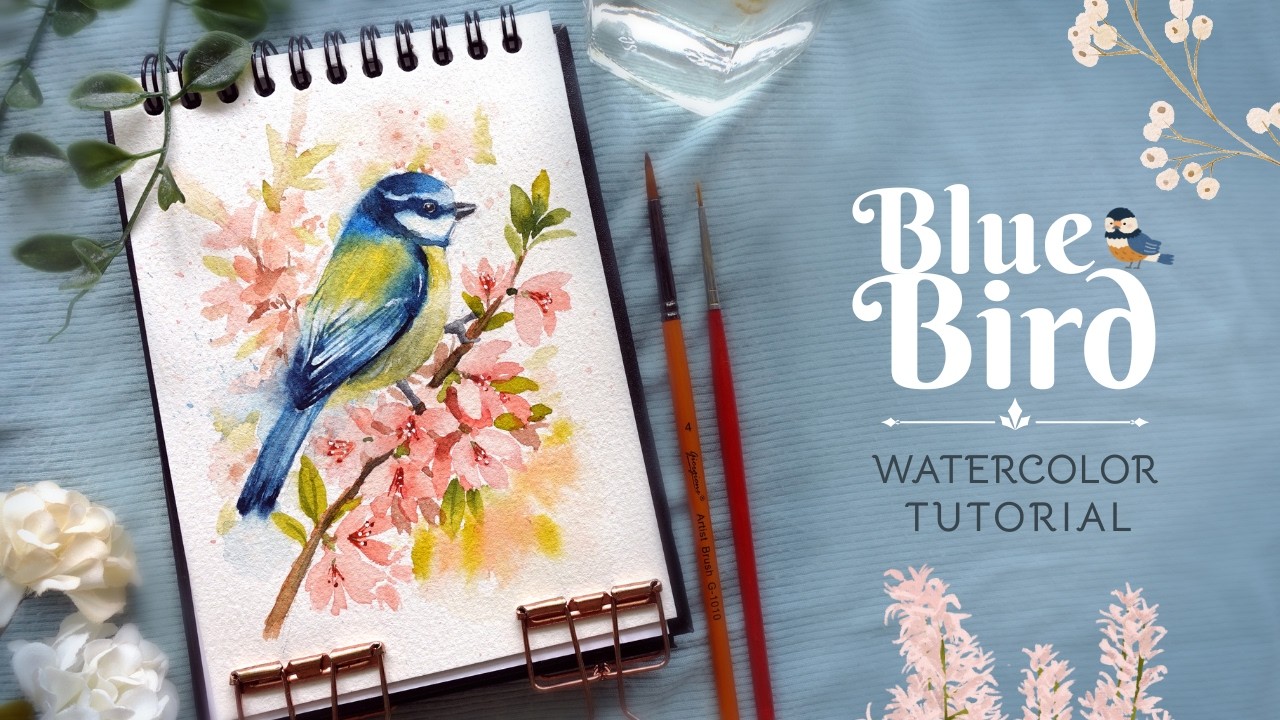 Blue Bird on Flower Branch: Loose Watercolor Tutorial