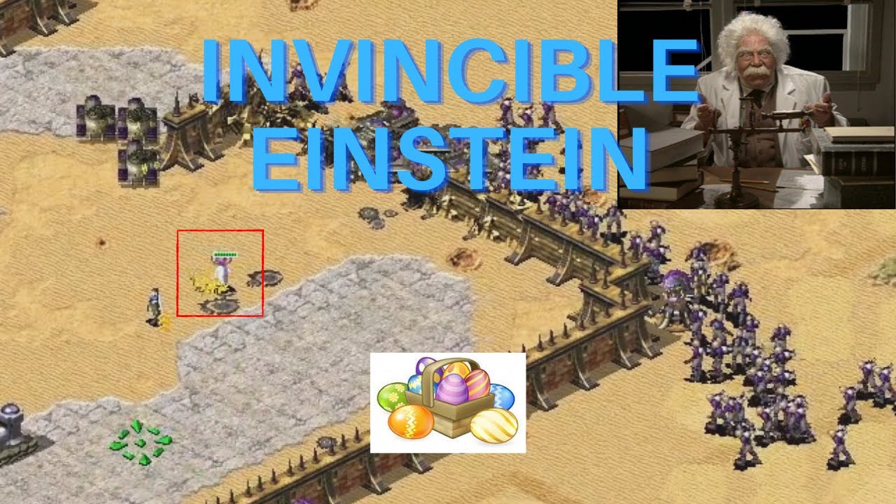 Invincible Einstein Easter egg in Red Alert 2: Yuri's Revenge: Einstein solos Yuri's base challenge