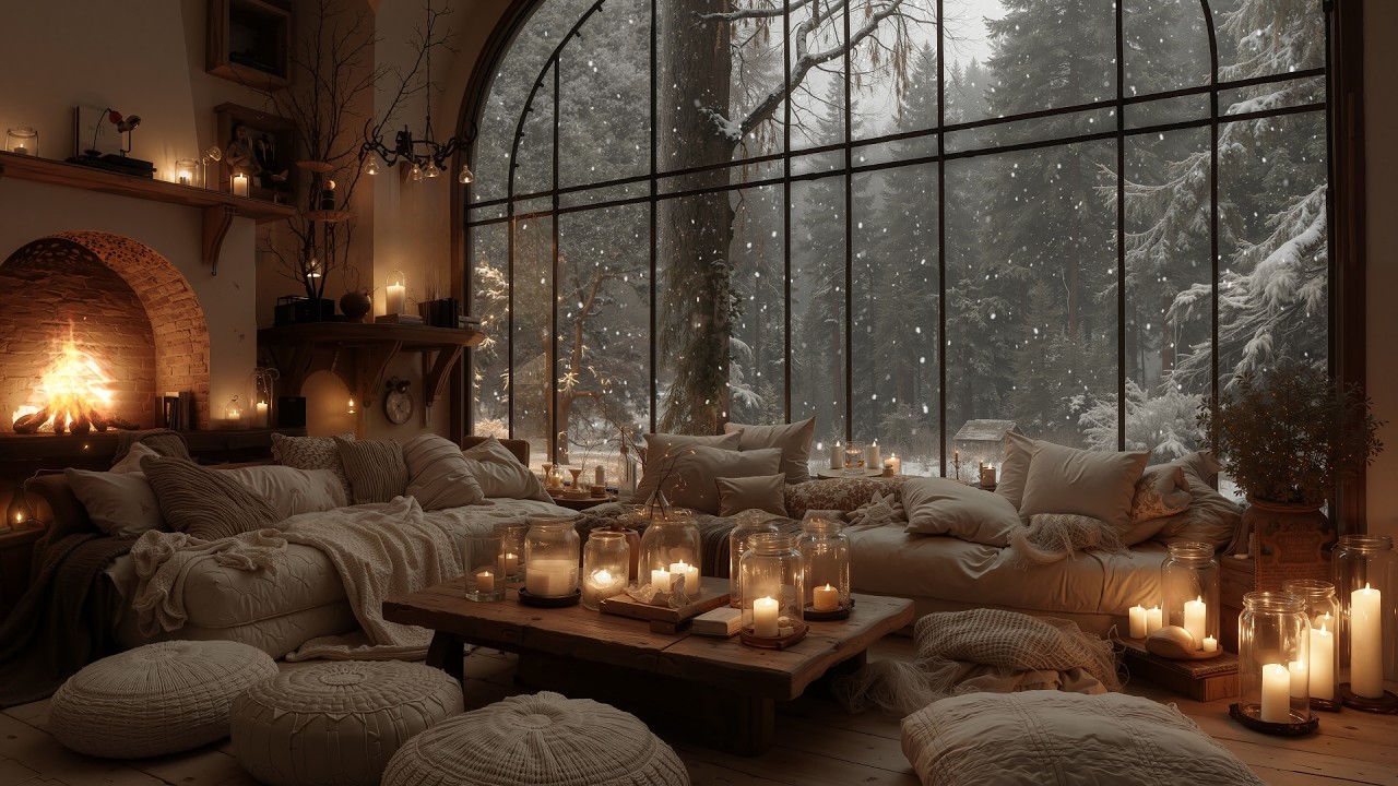 Inside a Warm Snow Cabin in the Forest ⛄ Soft Piano, Falling Snow & Fireplace Sounds for Deep Sleep
