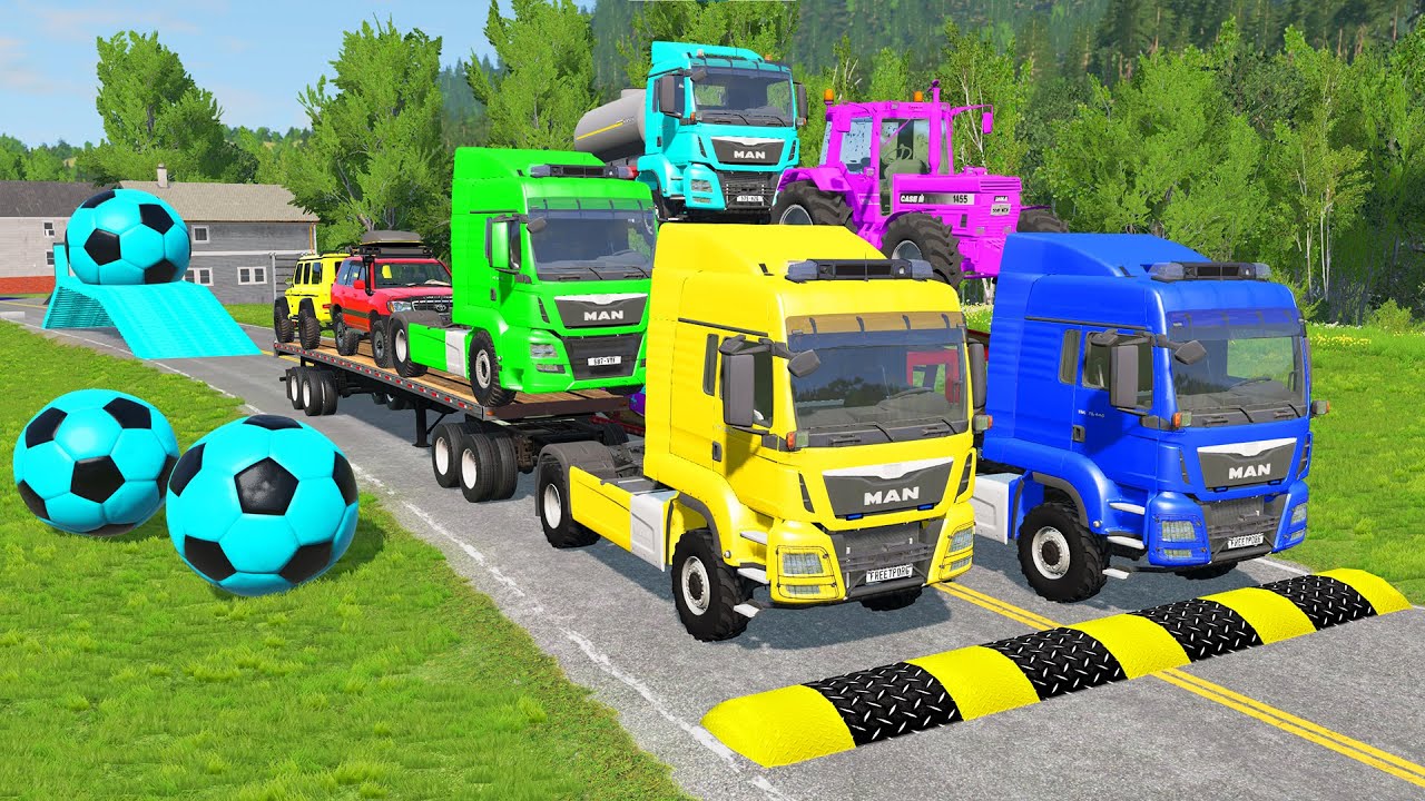 Triple Flatbed Trailer McQueen Transportation with Truck - Speedbumps vs Cars vs Train - BeamNG #30