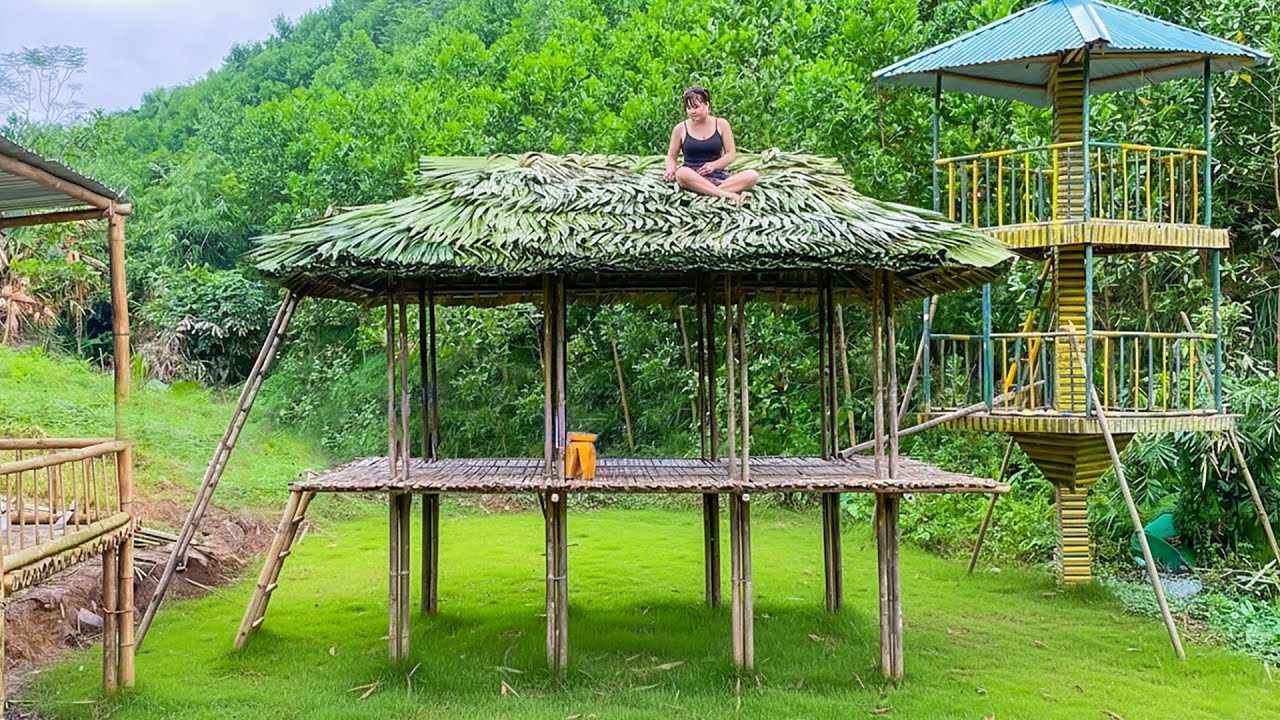 Climbing Tall Palm Trees to Harvest Palm Leaves - Thatching a House with Palm Leaves