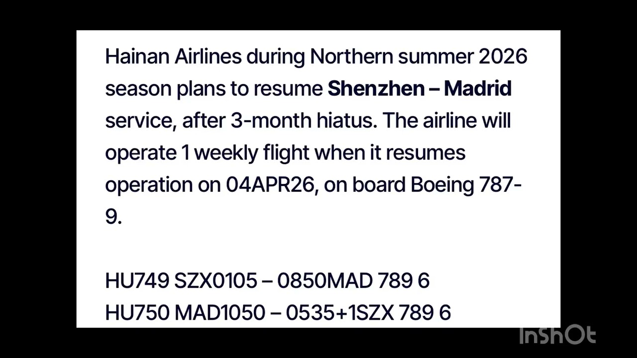 HAINAN AIRLINES RESUMES SHENZHEN – MADRID IN 2Q26