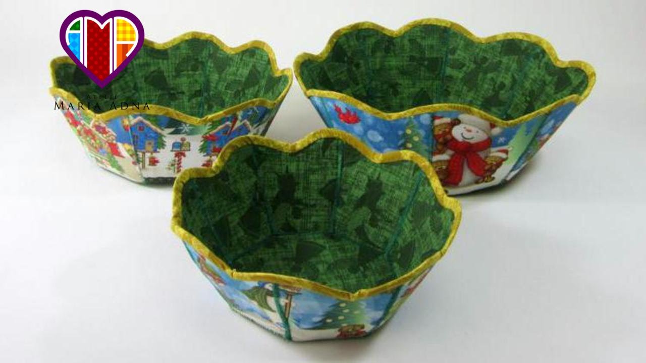 Cesta de tecido de Natal em patchwork. Maria Adna Atelie. Christmas patchwork basket
