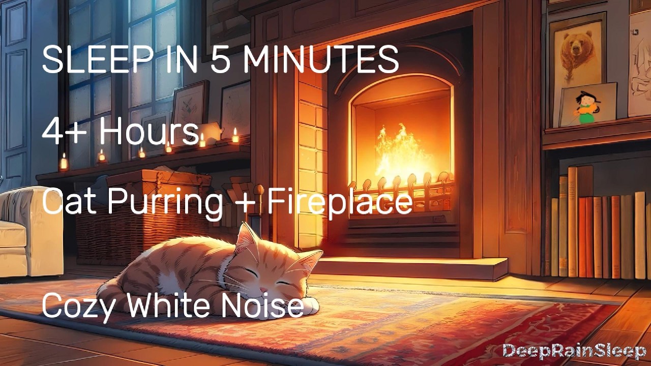 Fall Asleep in 5 Minutes - 4 Hours Cat Purring + Cozy Fireplace Crackling | Deep Sleep White Noise