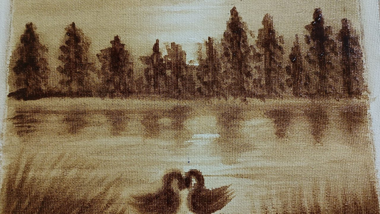 Easy Landscape CoffeePainting/ two Swans painting/How to paint with coffee- step by step tutorial