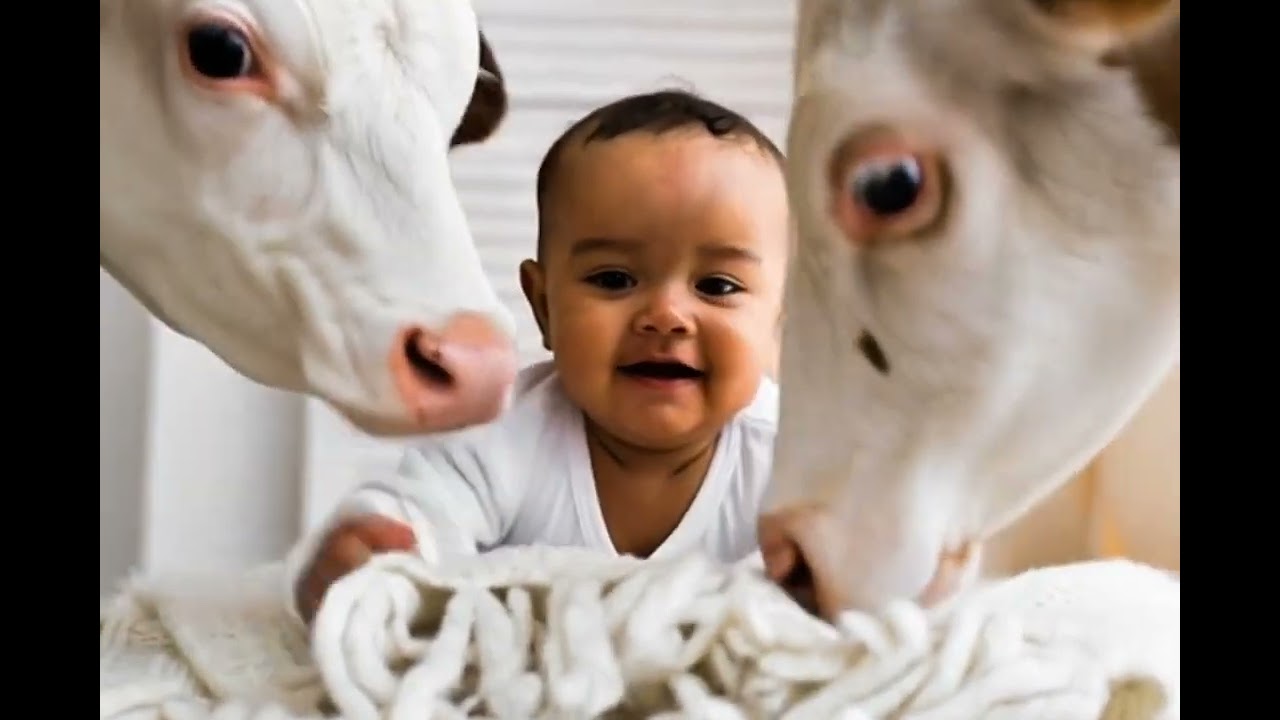 A cute African child playing with a baby cow cartoon 