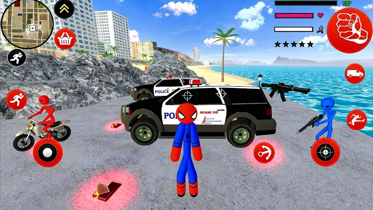 Spider Stickman Rope Hero - Police SUV Driving at Miami Beach - Android Gameplay