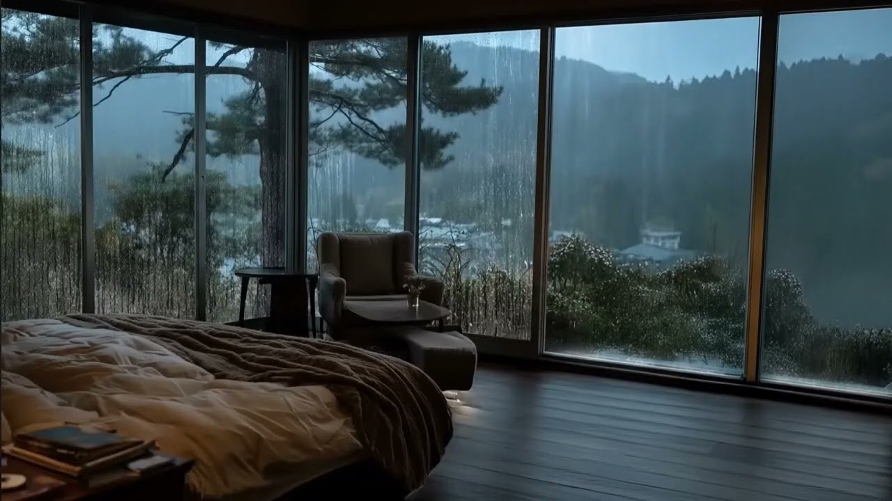 Heavy Rain on a Glass Window Facing the Mountains — Peaceful Rain Sounds for Deep Relaxation 🛏️🌧️