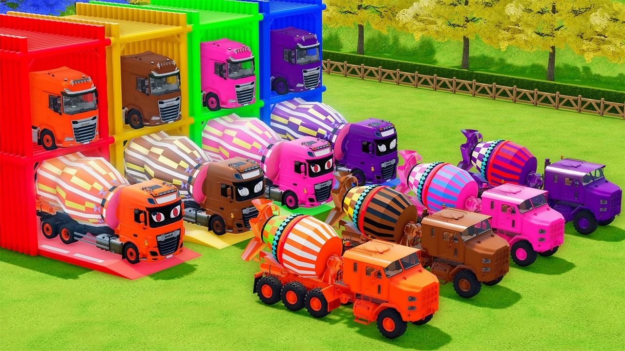 Garage with Colors - ALL MIXER TRUCK WITH DOUBLE FLATBED TRAILER TRUCK, DAF, OSHKOSH - FS22