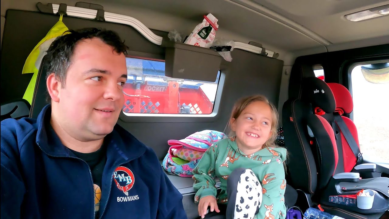 Trucking girl helps Dad in skip truck heading for Glen Etive in Scottish Highlands