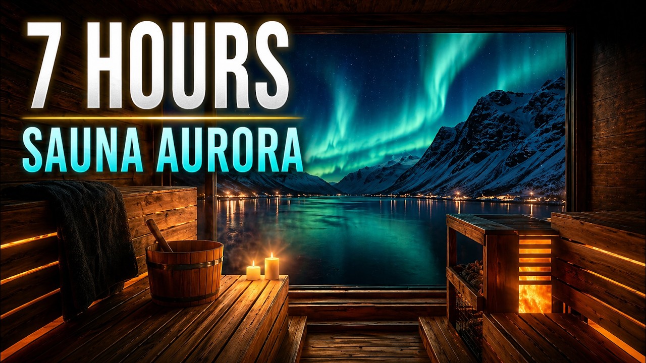7 Hours Nordic Sauna Aurora Borealis ❄️Relaxing Snowy Fjord Night Ambience for Deep Sleep