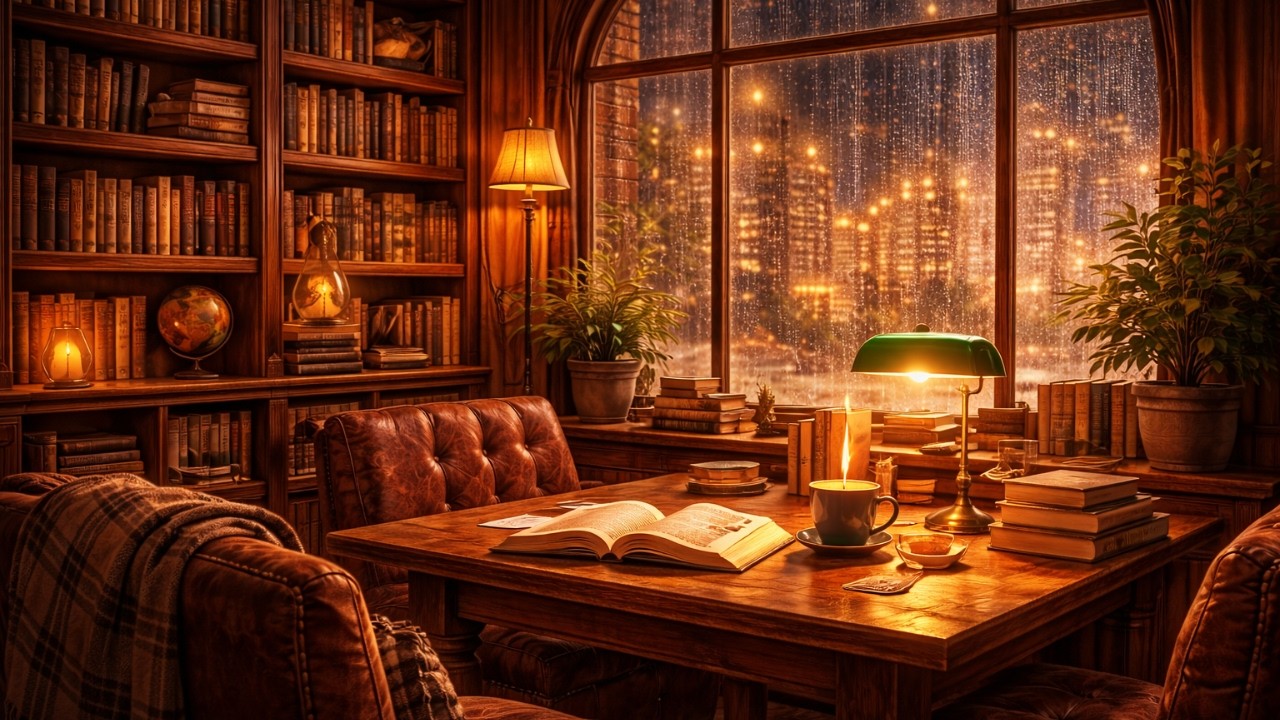 Library Study Corner 📚 Cozy Cafe Jazz for Studying, Focus & Relaxation | Rainy Library Ambience