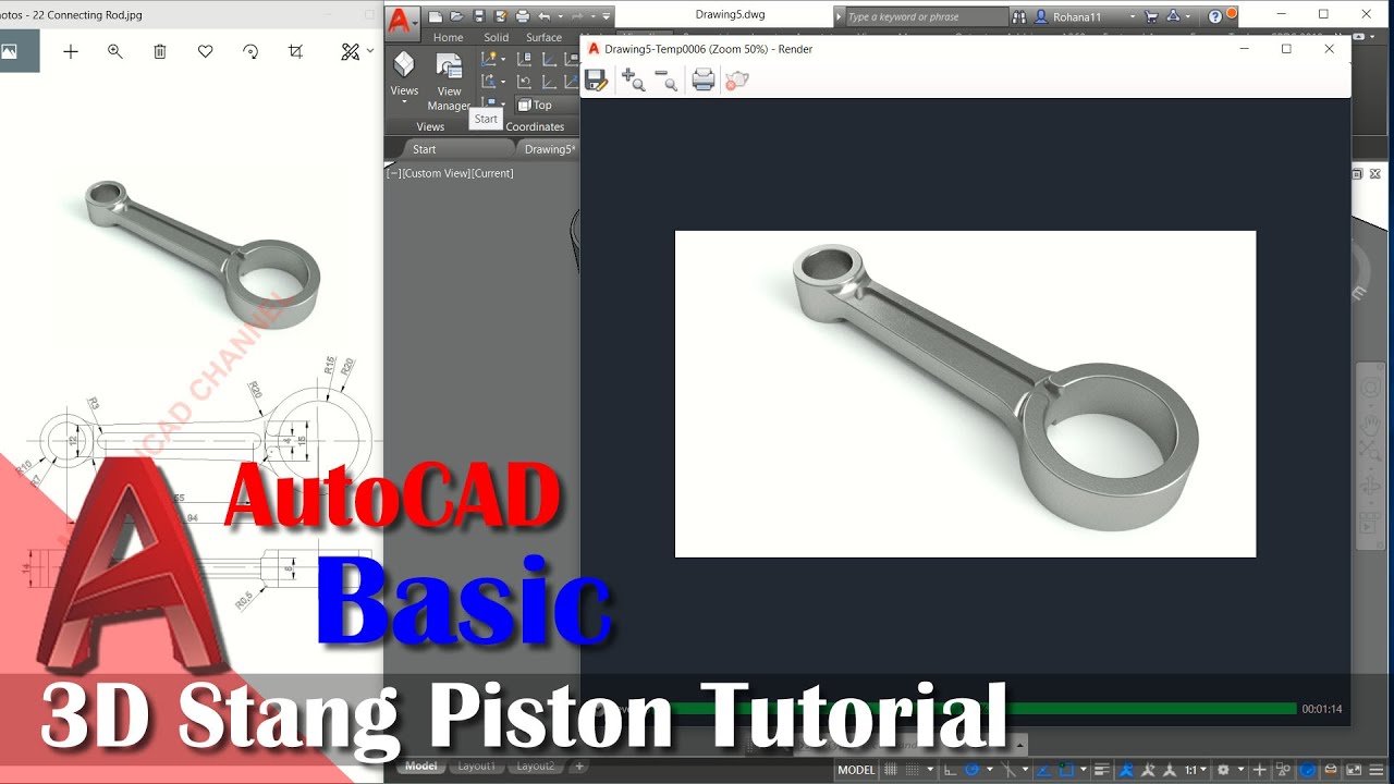 Desain Gambar 3D Stang Piston Motor Dengan AutoCAD