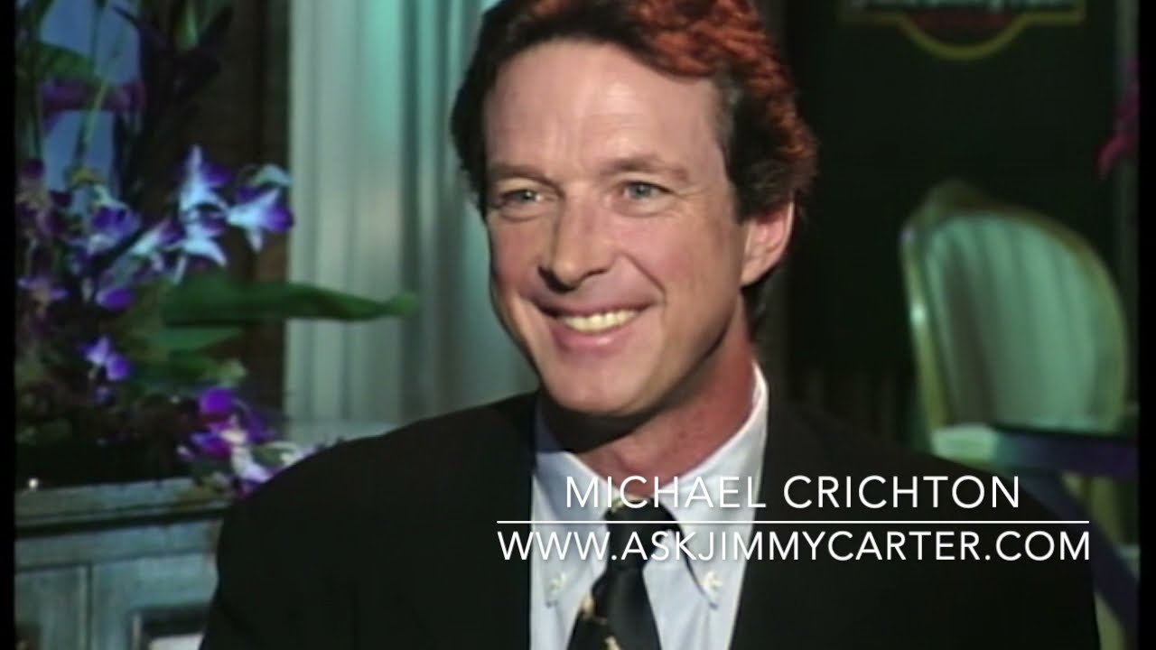 Author Michael Crichton talks with Jimmy Carter about Jurassic Park 1993