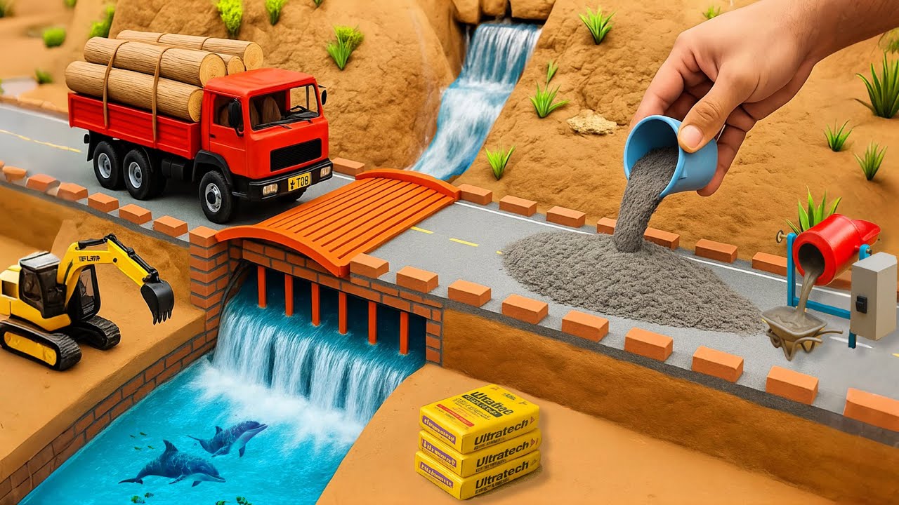 DIY Mini Truck Builds Brick & Metal Railing Bridge | Fun Construction Science Project