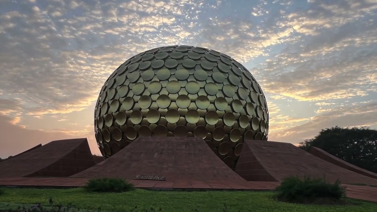 Sunset and moonrise in Auroville's Matrimandir gardens