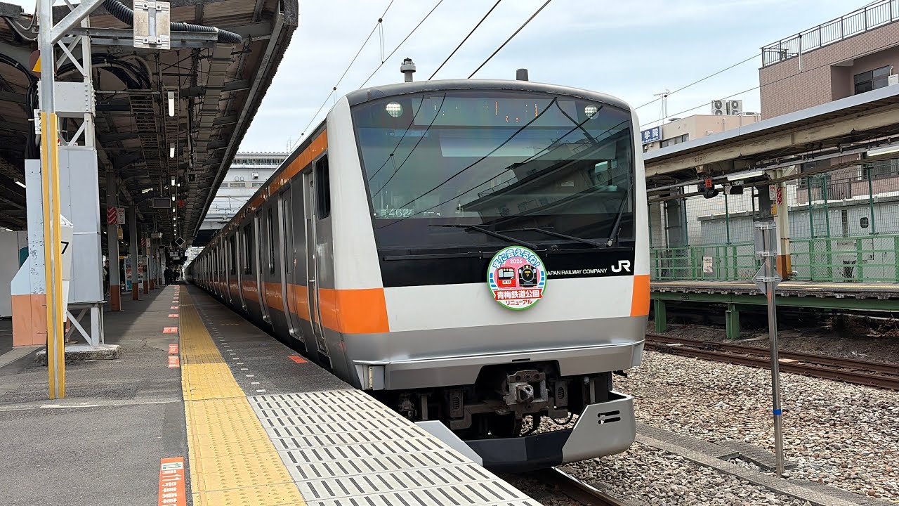 JR東日本E233系0番台青462編成＋青662編成（青梅鉄道公園リニューアル記念HM）　各駅停車青梅行きが拝島駅を発車
