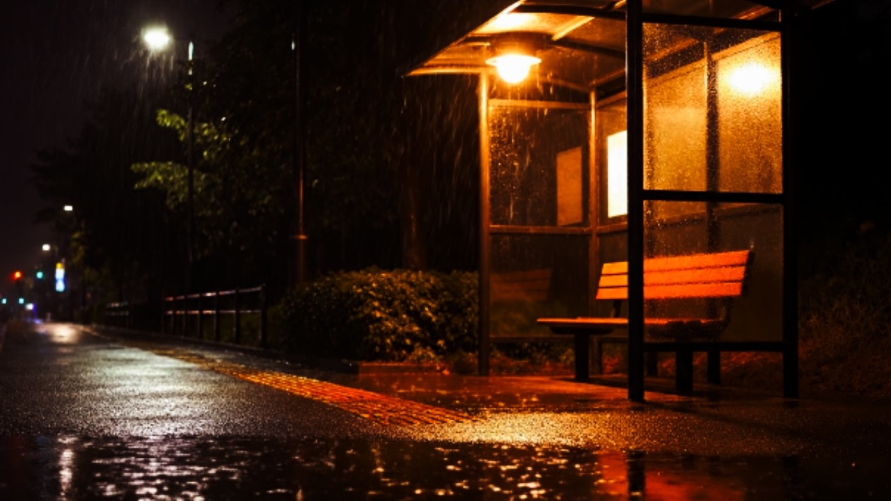 Waiting at a Bus Stop in the Rain at Night | Lonely Ambience (1 Hour)