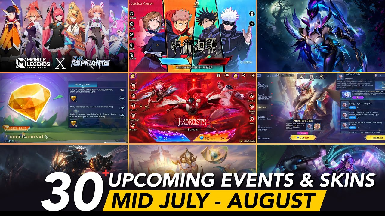 JULY-AUGUST ALL EVENTS &SKINS UPDATE| MIYA LEGEND SKIN REVAMP| EXORCIST 3.0 UPDATE|JJK UPDATE & MORE