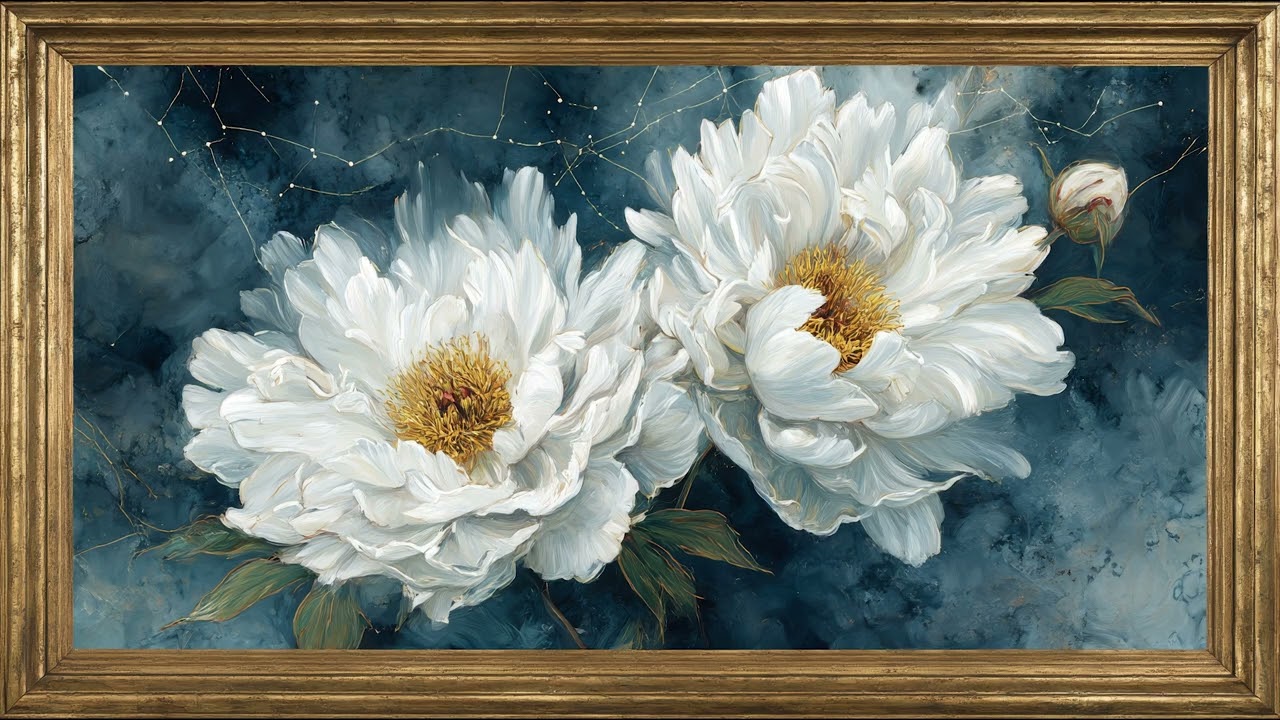 Vintage White Peonies Painting | TV Art with Gold Frame | Artistic Screensaver | 8 Hours